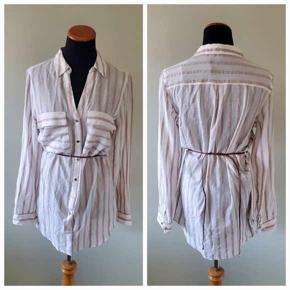 NWT Dynamite M Resortwear Coastal Beach Striped Semi Sheer Button Down Tunic - Picture 1 of 7